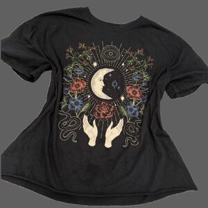 Awake Black Tee with Celestial Floral Design